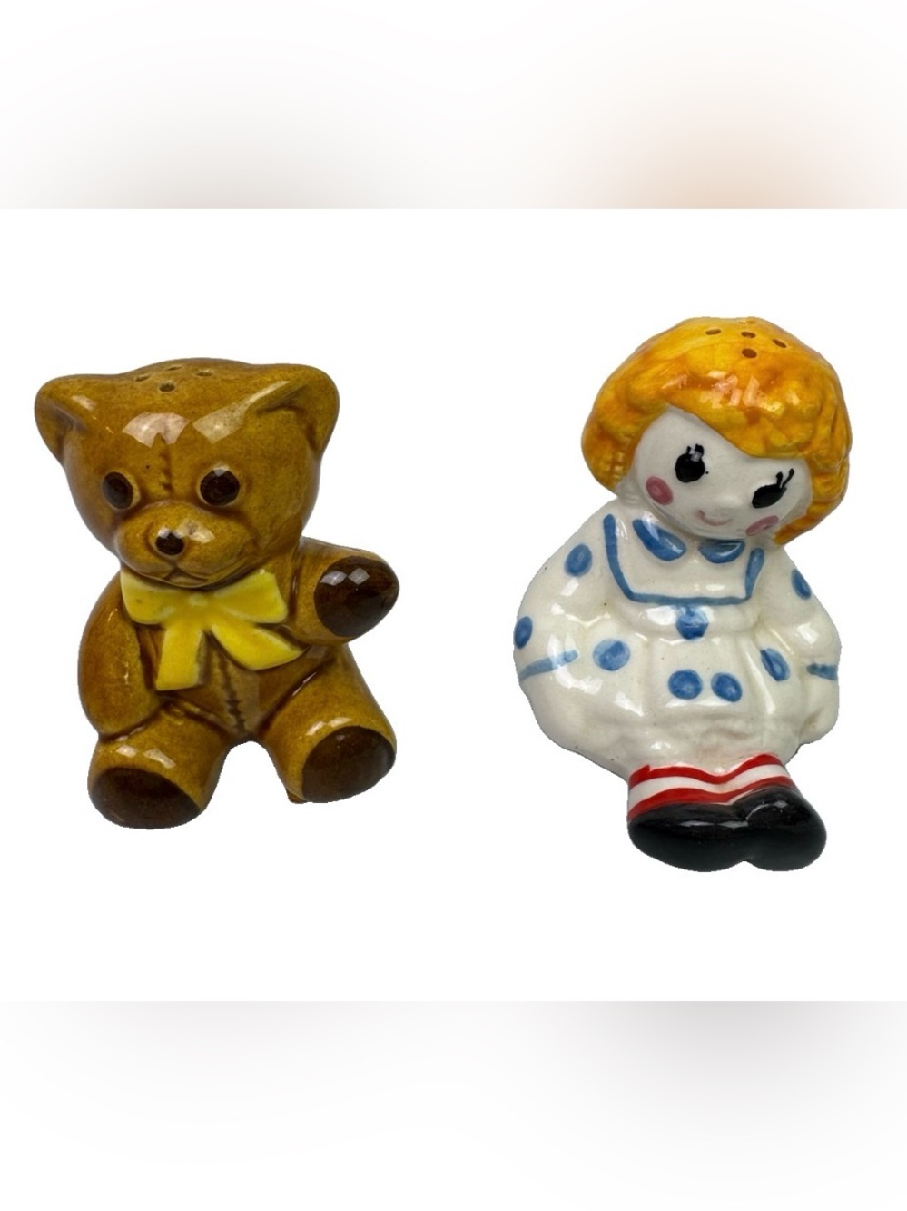 Vintage Avon Hand Painted Doll and Bear Salt and Pepper Shaker Set By Weiss